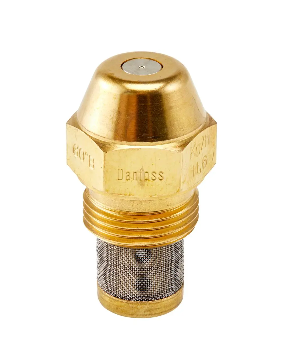 Danfoss-Oelduese mit einer metallenen Konstruktion, konischer Form und einem feinen Sieb am unteren Ende. Die Oberseite hat eine runde Öffnung und ist glatt.